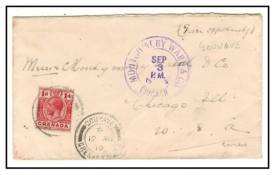 GRENADA - 1919 1d rate cover to USA used at GOUYAVE.