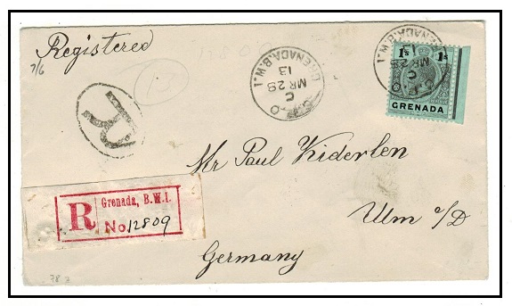 GRENADA - 1913 1/- rate registered cover to Germany.
