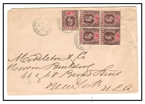 GRENADA - 1904 5d double rate (reduced) cover to USA used at GRENVILLE.