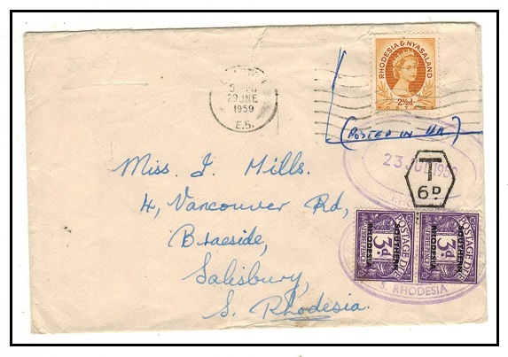 SOUTHERN RHODESIA - 1959 inward cover with 3d 