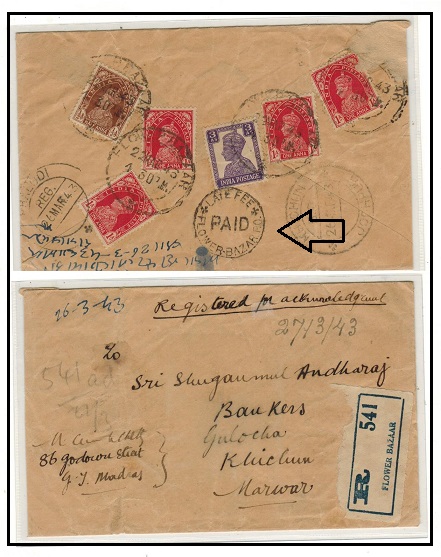 INDIA - 1943 local registered cover used at FLOWER BAZAAR with scarce LATE FEE PAID/FLOWER BAZAR h/s
