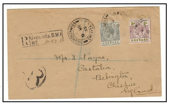 GRENADA - 1935 7 1/2d rate registered cover to UK used at PIEDMOUNTAGNES.