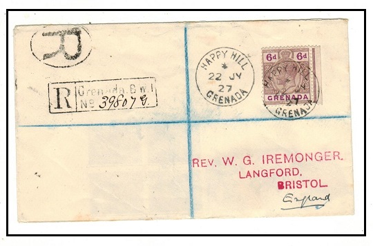 GRENADA - 1927 6d rate registered cover to UK used at HAPPY HILL.