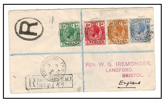 GRENADA - 1921 multi franked registered cover to UK used at PETIT MARTINIQUE.