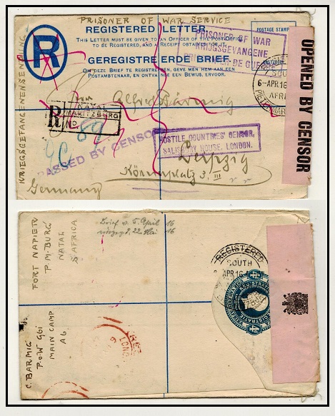 SOUTH AFRICA - 1916 use of 4d dark blue censored RPSE to Germany from POW struck HOSTILE COUNTRIES.
