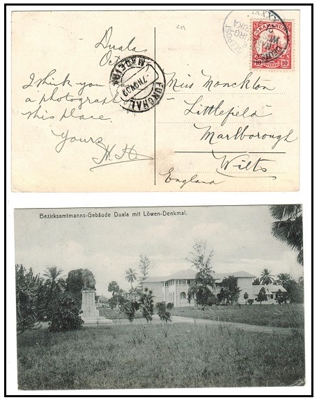 CAMEROONS - 1909 10pfg rate postcard use to UK cancelled SEEPOST/LINE/HAMBURG/WEST AFRICA/XXXXI.