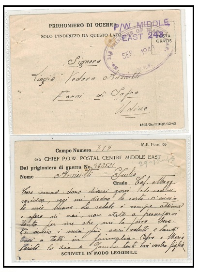 EGYPT - 1942 use of censored POW card to Italy from an inmate of camp 313.