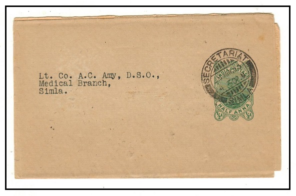 INDIA - 1923 1/2d green postal stationery wrapper used at SECRETARIAT/SIMLA.  H&G 3.
