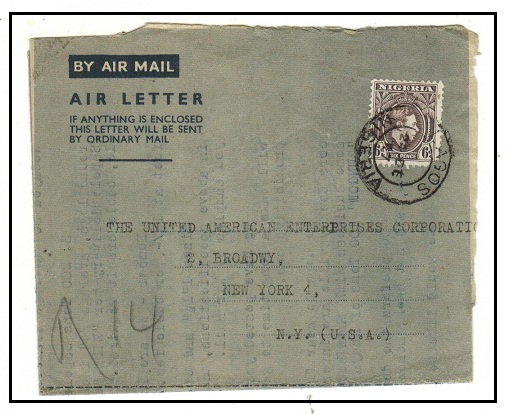 NIGERIA - 1947 6d rate use of dark blue on grey FORMULA air letter to USA at LAGOS.
