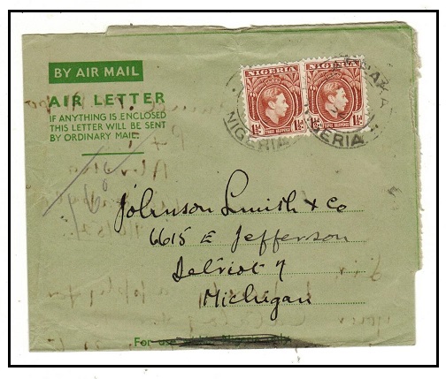 NIGERIA - 1952 3d rate use of bright green on green FORMULA air letter to USA at ABRAKA.