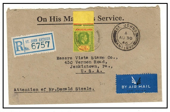 ANTIGUA - 1946 registered OHMS cover to USA with Leeward Islands 5/- 