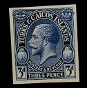 TURKS AND CAICOS IS - 1928 3d IMPERFORATE PLATE PROOF in blue.