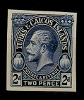 TURKS AND CAICOS IS - 1928 2d IMPERFORATE PLATE PROOF in blue.