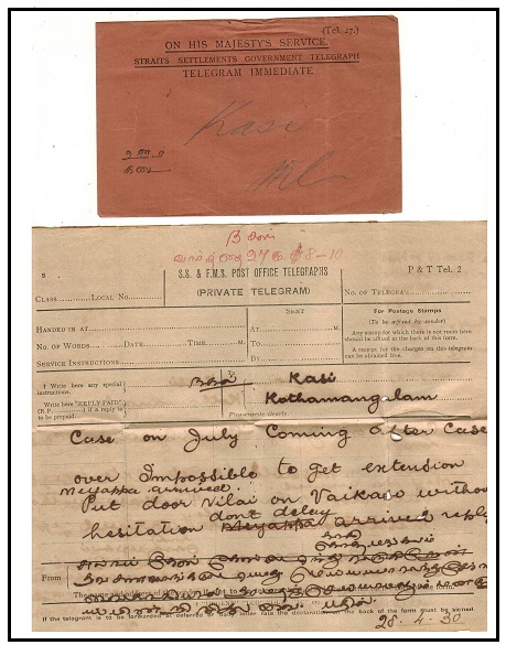 MALAYA - 1930 use of telegram form complete with original envelope.