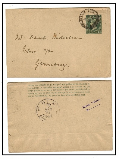 GIBRALTAR - 1889 5c green postal stationery wrapper to Germany used at SOUTH DISTRICT.  H&G 6.