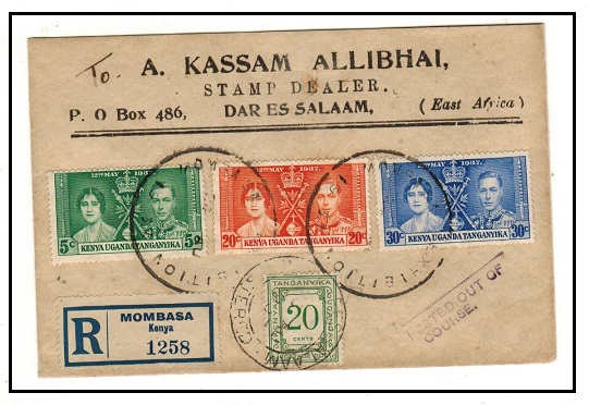 K.U.T. - 1937 registered local cover used at EXHIBITION MOMBASA with 20c postage due added.