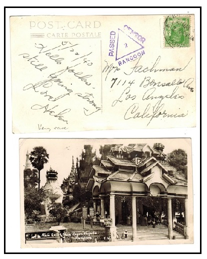 BURMA - 1940 9ps rate censored postcard to USA used at RANGOON SORTING.