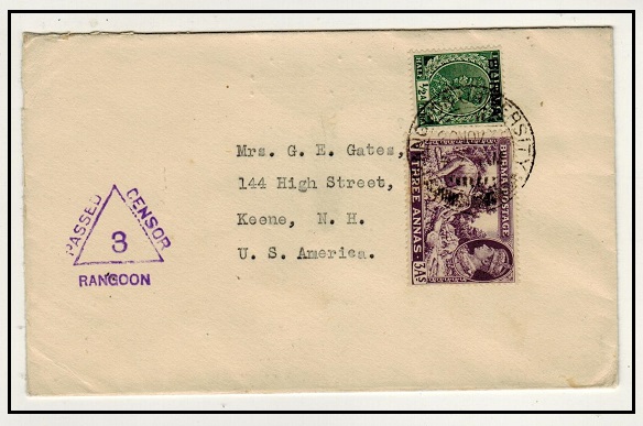 BURMA - 1939 3 1/2a rate censored cover to USA used at RANGOON UNIVERSITY.