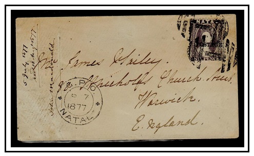 NATAL - 1877 6d rate cover to UK cancelled by 