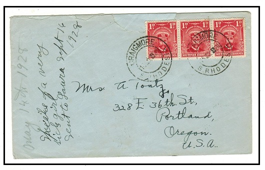 SOUTHERN RHODESIA - 1928 3d rate cover to USA used at CRANMORE/S.RHODESIA.