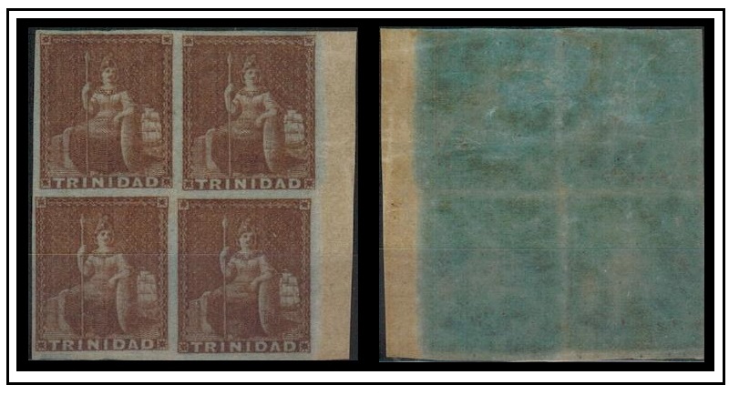 TRINIDAD AND TOBAGO - 1851 (1d) purple brown on blue fine mint block of four.  SG 2.