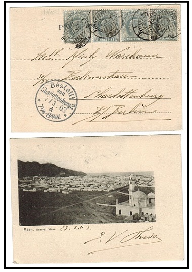 ADEN - 1903 postcard use to Germany with Indian 3p grey strip of 4 used at ADEN.