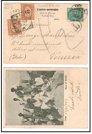ADEN - 1902 1/2a underpaid postcard to Italy with 5c+10c 