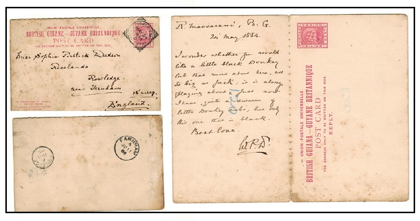 BRITISH GUIANA - 1883 3c+3c carmine rose outward section to UK used at GEORGETOWN.  H&G 2.