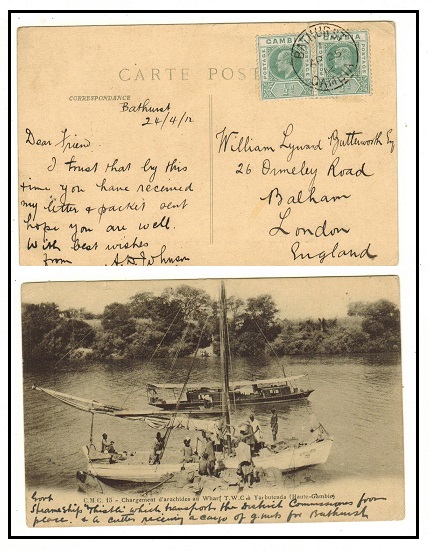 GAMBIA - 1912 1d rate postcard use to UK used at BATHURST.