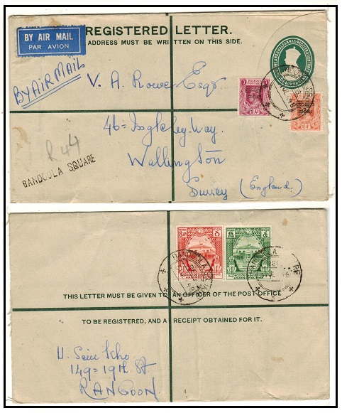 BURMA - 1946 3a + 1 1/2a green RPSE uprated to UK used at BANDOOLA SQUARE.  H&G 3.