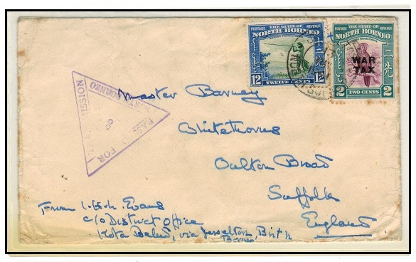 NORTH BORNEO - 1941 12c rate censored cover to UK used at JESSELTON with 2c 