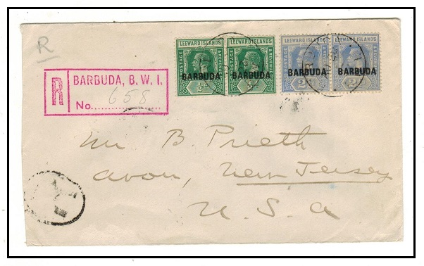 BARBUDA - 1923 6d rate registered cover to USA.