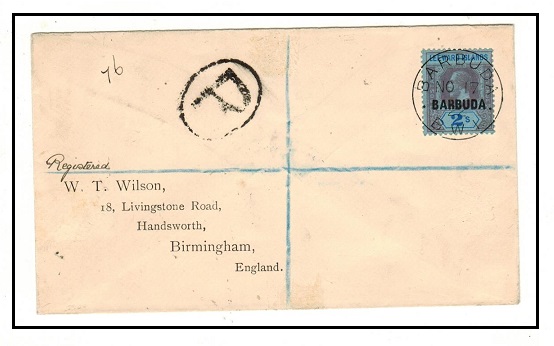 BARBUDA - 1922 2/- rate registered cover to UK.