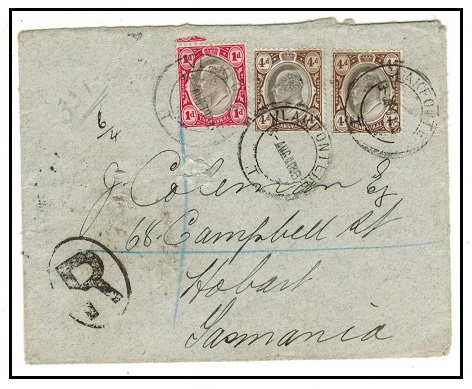 TRANSVAAL - 1903 9d rate registered cover to Tasmania used at VLAKFONTEIN/T (telegraph).