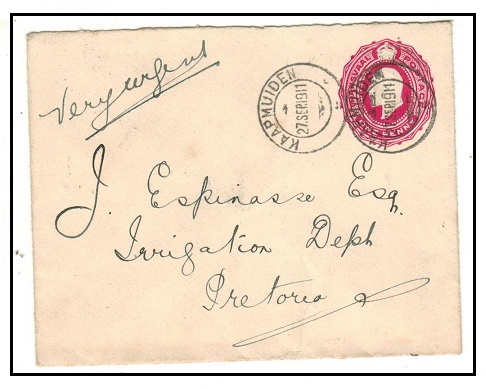 TRANSVAAL - 1902 1d rose PSE (ex flap) to Pretoria used at KAAPMUIDEN.  H&G 4a.