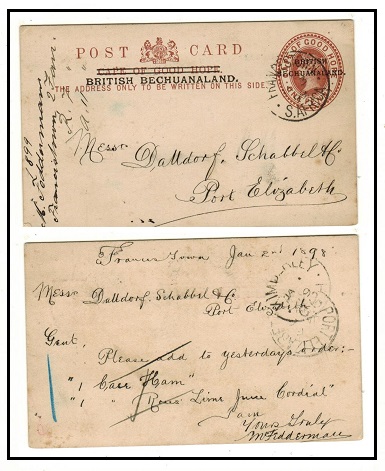 BECHUANALAND - 1890 1d brown PSC to Port Elizabeth used at FRANCISTOWN/S.AFRICA.  H&G 5.