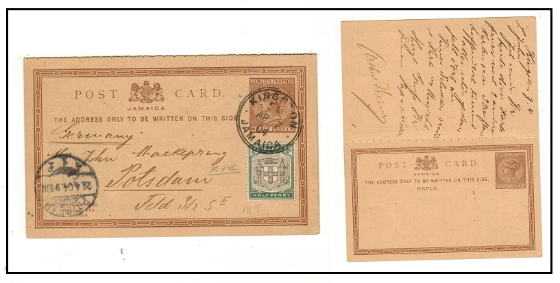 JAMAICA - 1883 1/2d+1/2d PSRC outward section uprated to Germany used at KINGSTON.  H&G 12a.