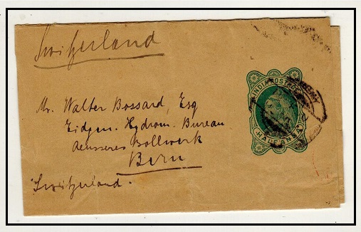 INDIA - 1895 1/2a green stationery wrapper to Switzerland used at BOMABY.  H&G 1.