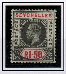 SEYCHELLES - 1913 1r50c black and carmine used with SPLIT A variety.  SG 80a.