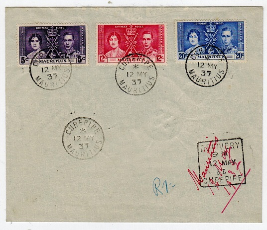 MAURITIUS - 1937 first day cover with DELIVERY/CUREPIPE strike.