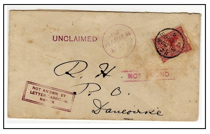 NEW ZEALAND - 1899 1d rate local cover with UNCLAIMED, NOT FOUND and NOT KNOWN h/s