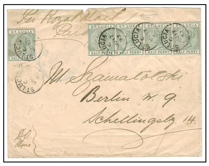 ST.LUCIA - 1892 1/2d (x5) cover to Germany used at ST.LUCIA.