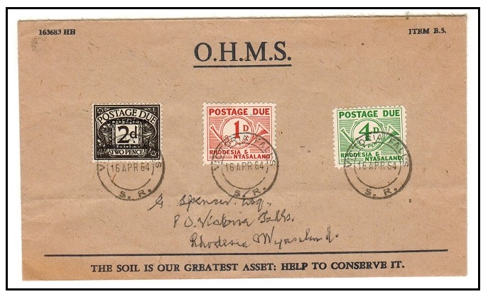 SOUTHERN RHODESIA - 1964 OHMS local cover use with mixed postage dues used at VICTORIA FALLS. 