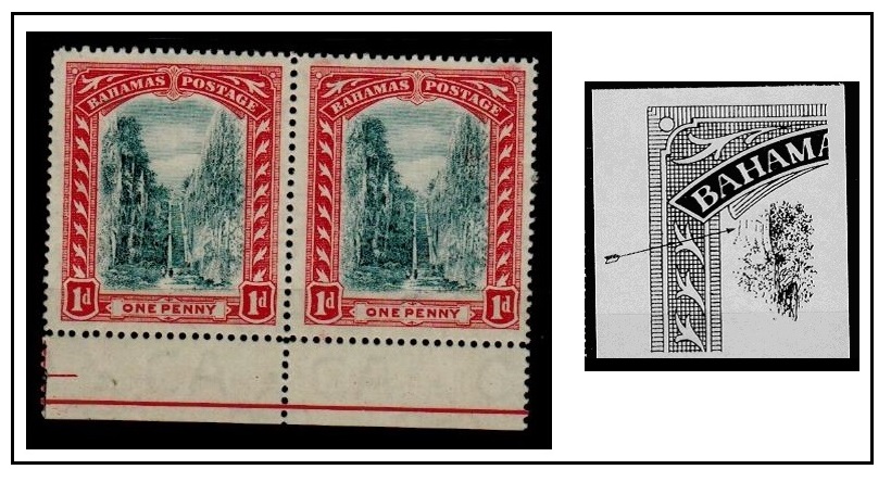 BAHAMAS - 1911 1d black and scarlet mint pair with EXTRA TREE TRUNK variety.  SG 75a.
