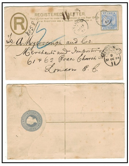 ST.LUCIA - 1882 2d blue RPSE uprated with 2 1/2d to UK.  H&G 1.