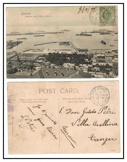 MOROCCO AGENCIES - 1907 Gibraltar 1/2d adhesive on postcard cancelled BPO/TANGIER. Unusual.
