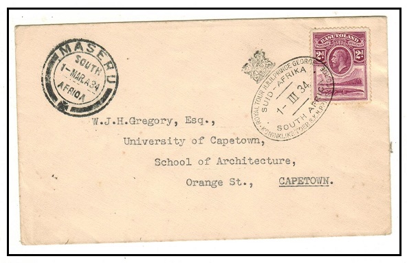 BASUTOLAND - 1934 2d rate ROYAL TOUR cover to Cape Town.