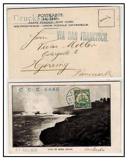 SAMOA - 1909 5pfg rate postcard use to Denmark used at APIA.