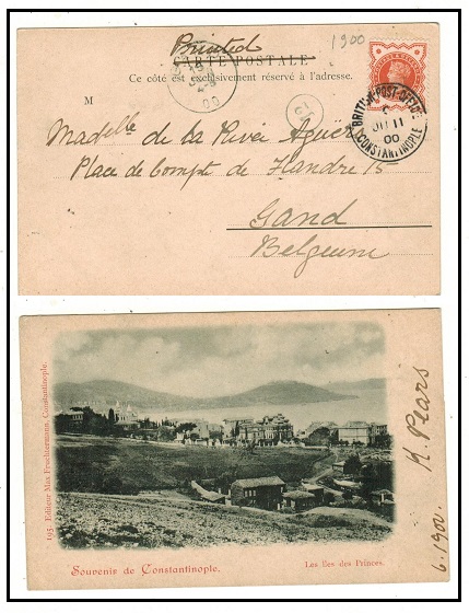 BRITISH LEVANT - 1900 1/2d rate postcard use to Belgium used at CONSTANTINOPLE.