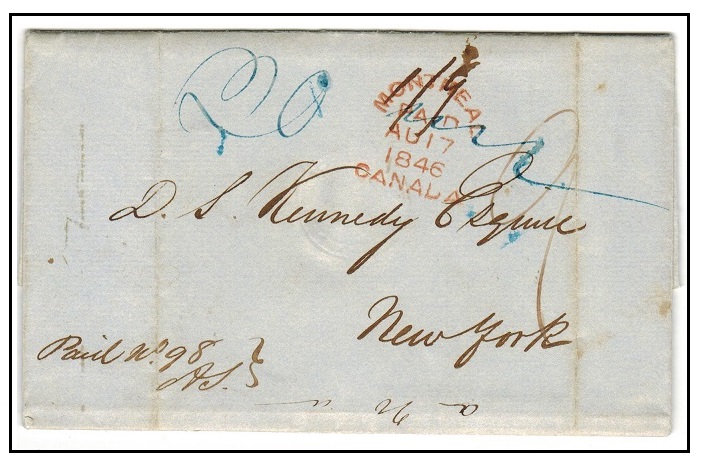 CANADA - 1846 stampless entire to USA struck MONTREAL/PAID.